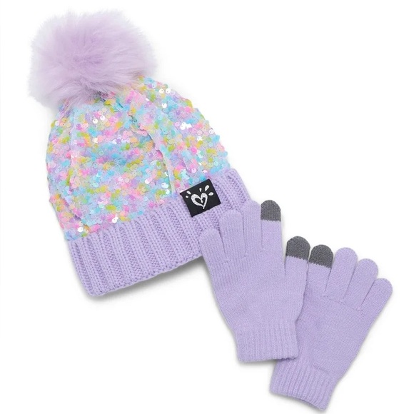 Justice Other - Justice Lavender Pastel Rainbow Sequin Beanie Faux Fur Pop-Pom & Gloves Set